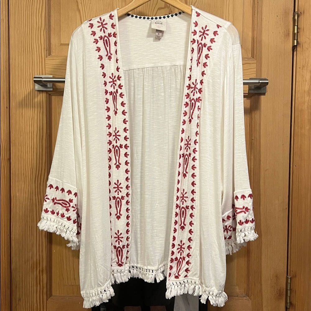 Knox Rose White Open Front Cardigan with Red Embroidery
